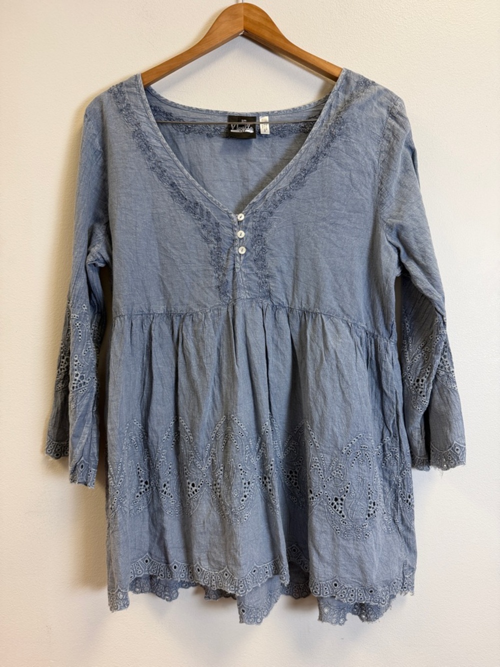 Noelle Powder Blue V-Neck Eyelet Peasant Tunic